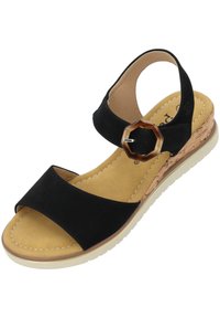 Czarne zamszowe sandały na korkowym obcasie, z szerokim paskiem z przodu, paskiem z tyłu i dekoracyjnym akcentem w postaci ośmiokątnej klamry. Beżowa wkładka.