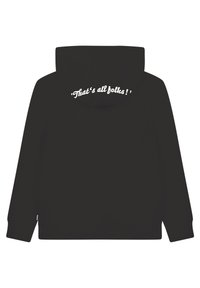 Svart huvtröja med ficka fram och dragsko i huvan. På ryggen finns vit text som säger "Det är allt, folks!" i kursiv stil.