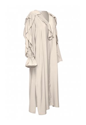 Heled beez dress, millede pitsikute ja kogutud mansettidega. Valmistatud siledast kangast, külgedel lõhedega, et tagada liikumisvabadus.