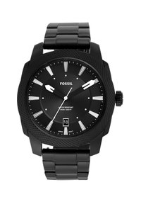 Sort Fossil armbåndsur med en tekstureret kasse, sort rustfrit stållænke, kontrasterende sølv timeindikatorer, datovindue og en vandmodstandsrate.