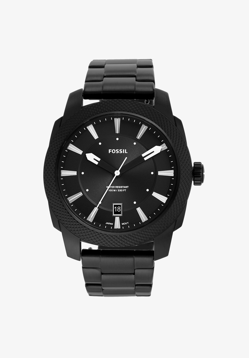 Sort Fossil armbåndsur med en tekstureret kasse, sort rustfrit stållænke, kontrasterende sølv timeindikatorer, datovindue og en vandmodstandsrate.