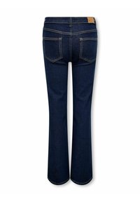 Temno modri flare jeans z srednjim pasom, ki imajo dva zadnja žepa in kontrastno šivanje vzdolž šivov.