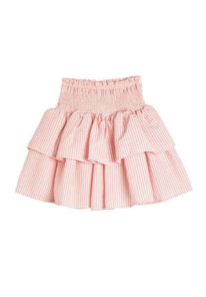 Jupe rayée rose et blanche avec une taille smockée, dotée de trois couches de volants. Tissu léger avec une texture douce.