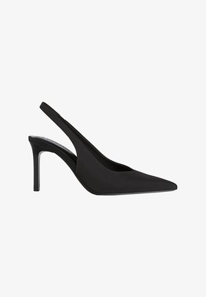 Talons aiguilles noires à bout pointu et à l'arrière ouvert, avec une finition satinée, dotées d'un talon fin et d'une conception facile à enfiler.