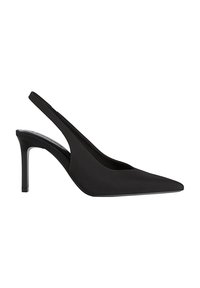 Black slingback high heel shoe with a pointed toe, smooth fabric texture, and tapered stiletto heel. Design features an open back.
