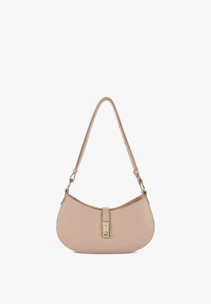 Beige leather shoulder bag with a curved shape, gold hardware clasp, and a textured finish. Adjustable strap for versatility.