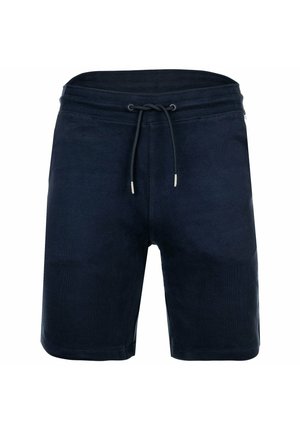 Marineblaue Casual-Shorts mit elastischem Bund und schwarzem Kordelzug, knielang, aus weichem Stoff.