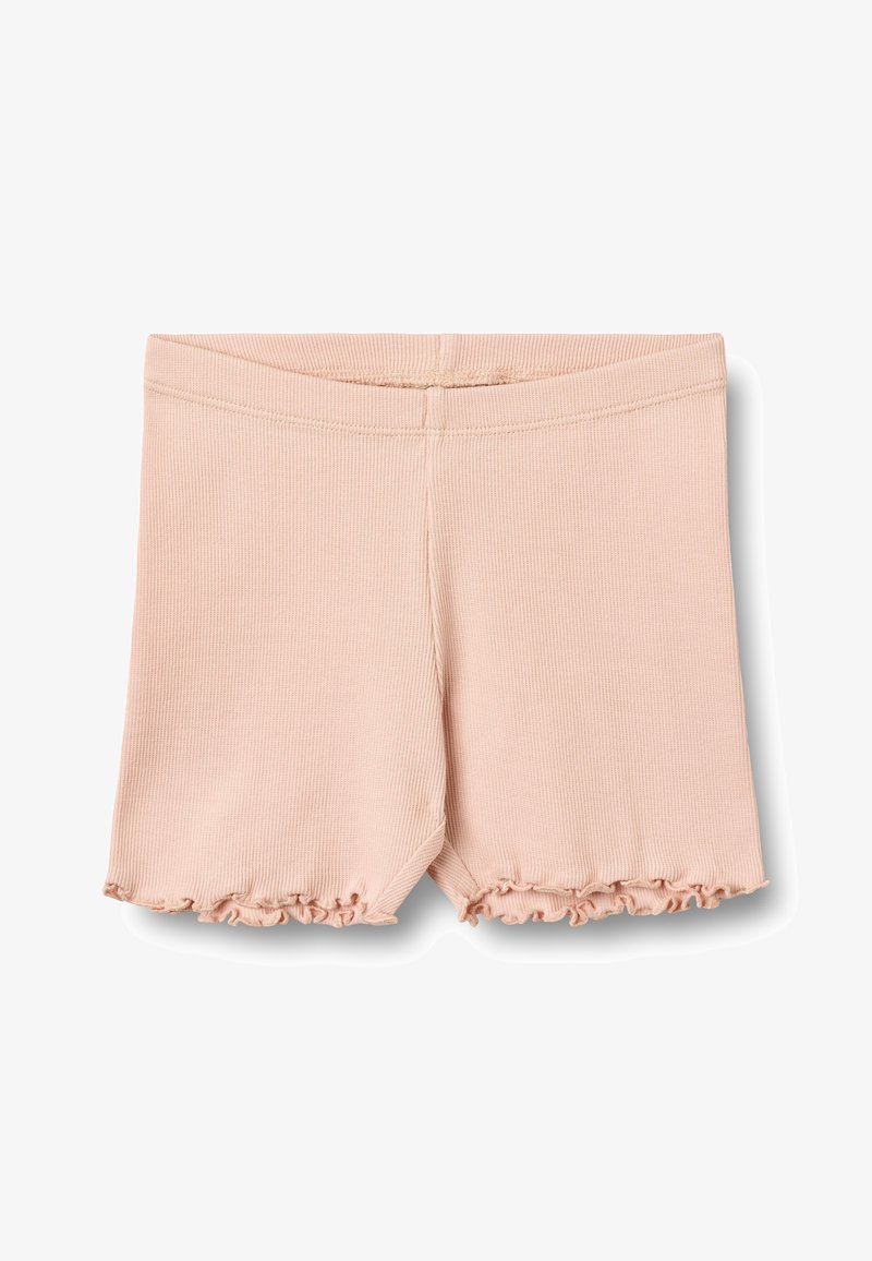 Shorts pour bébé côtelés rose clair avec ceinture élastique et ourlets à volants sur fond blanc.