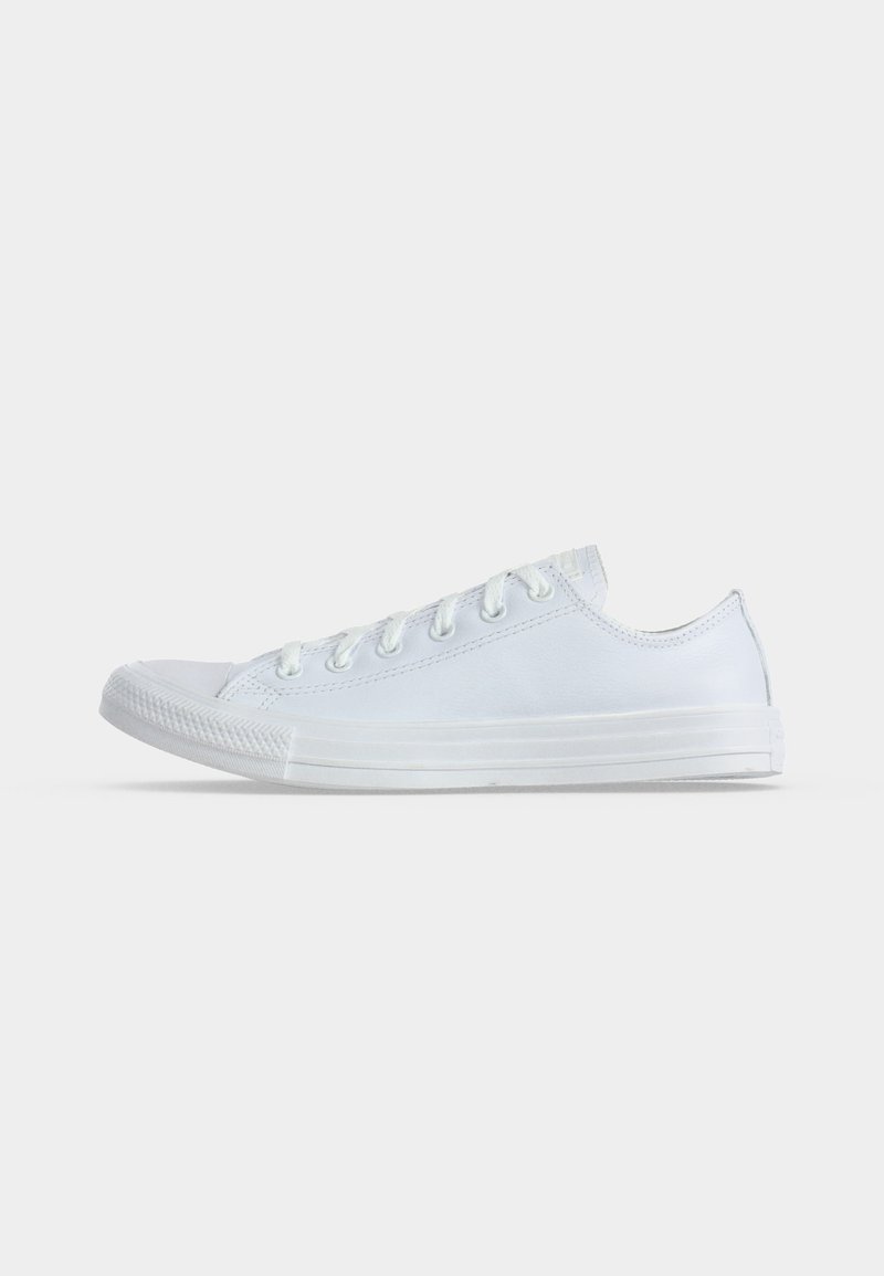 Weißer Canvas-Sneaker mit niedrigem Schnitt, weißer Gummisohle und Schnürsenkeln, von der Seite auf einem einfarbigen hellgrauen Hintergrund gezeigt.