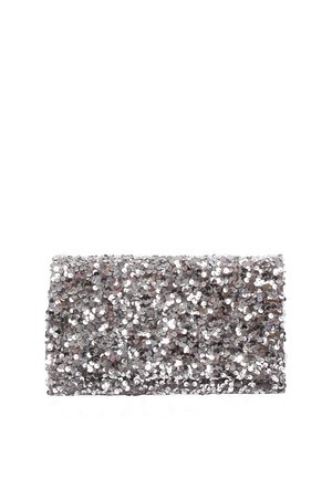 Pochette rectangulaire argentée, densément recouverte de sequins ronds réfléchissants sur fond blanc.