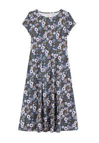 Květinové šaty s krátkým rukávem, navy pozadí, bílé a růžové květiny, vypasovaný pas, splývavá sukně a měkká textilie.