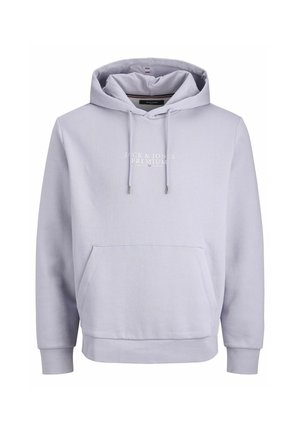 Světle fialová mikina s kapucí vyrobená z jemného materiálu, má přední kapsu, nastavitelné tkaničky a bílé logo na hrudi.
