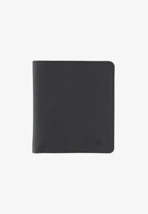 Portafoglio in pelle nera con finitura testurizzata, design sottile, angoli arrotondati e logo in rilievo sulla parte frontale. Stile minimalista.