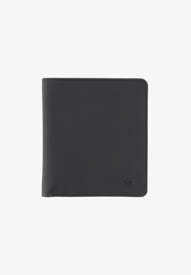 Portefeuille en cuir noir à finition texturée, design fin, coins arrondis, et logo embossé sur le devant. Style minimaliste.