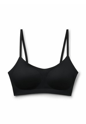Czarny gładki biustonosz z lekko wypchanymi miseczkami i regulowanymi cienkimi ramiączkami na białym tle.