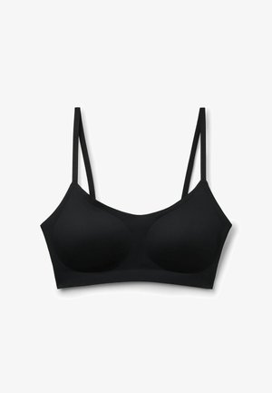 Czarny gładki biustonosz z lekko wypchanymi miseczkami i regulowanymi cienkimi ramiączkami na białym tle.