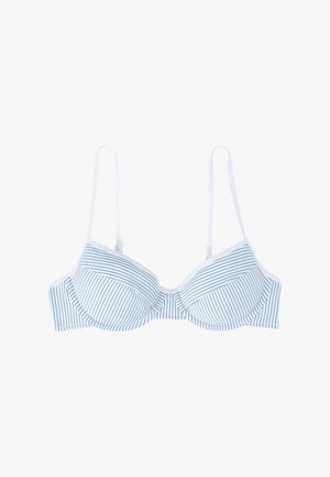 Sutien dungi, de culoare albastru deschis și alb, cu o textură netedă, cu suport pentru sâni și bretele ajustabile. Are un detaliu central sub formă de nod.