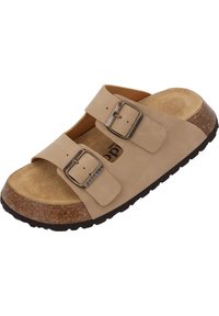 Sandali in suede beige con due cinghie regolabili, fibbie in argento e suola in sughero texturizzata. Il plateau presenta una finitura morbida e naturale.