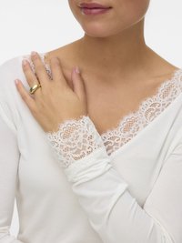 Close-up van een persoon die een witte longsleeve top met kantafwerking draagt, met de hand op de borst en een gouden ring om de wijsvinger.