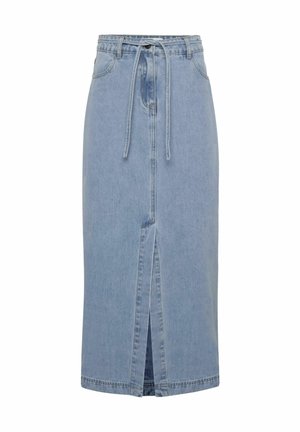 Lichtblauwe denim rok met hoge taille, koord, zijzakken en een split aan de voorkant voor bewegingsgemak. Eenvoudig ontwerp met zichtbare stiksels.
