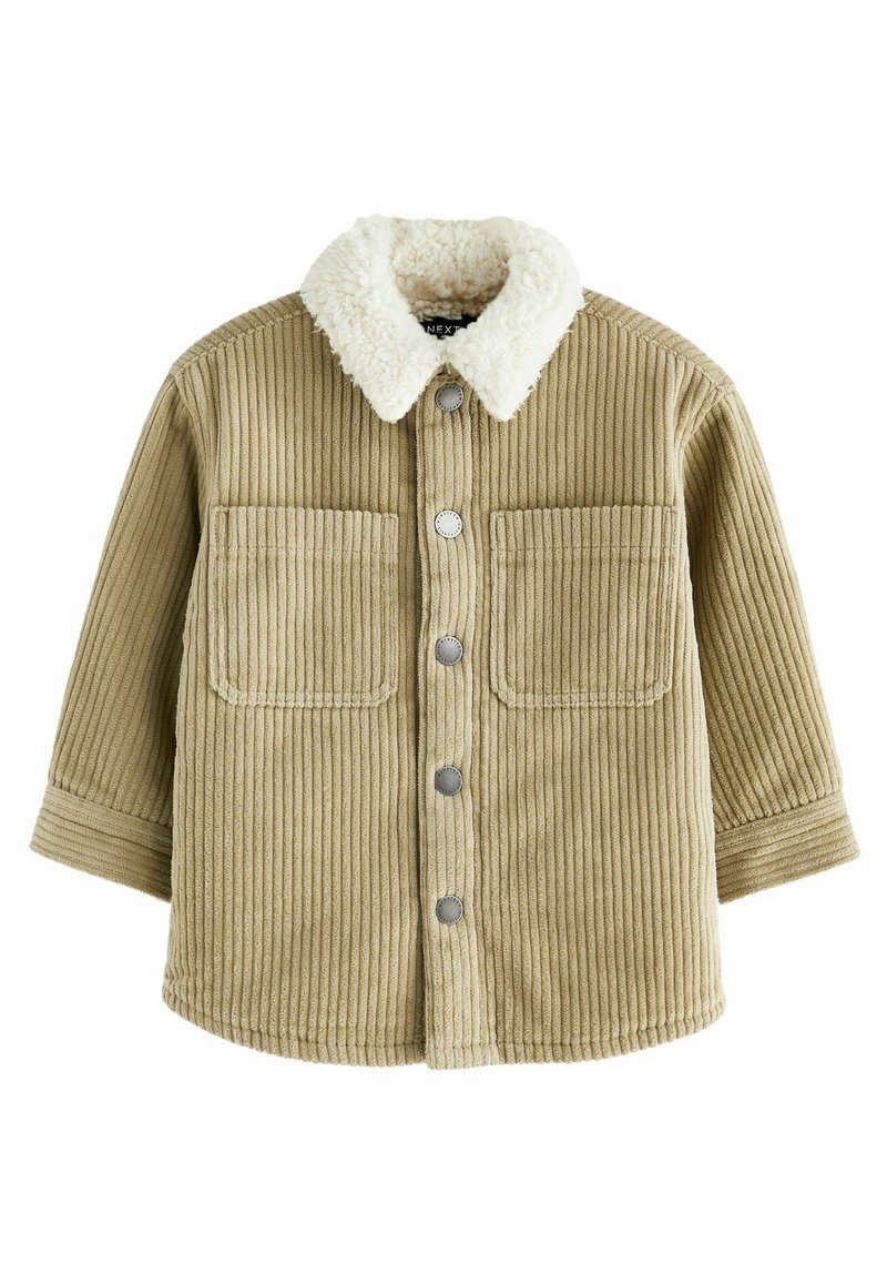 Tan corduroy jacket with a white faux fur collar, front button closure, and two chest pockets; features textured vertical stripes.