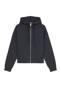 Mörkblå huvtröja med dragkedja och dragsko i huvan, vida ärmar och ribbade muddar. Tillverkad av mjukt tyg med en ledig passform.