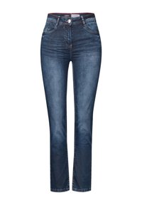 Mörkblå denimjeans med rak skärning, lätt blekt textur, fem fickor och knappstängning i midjan.