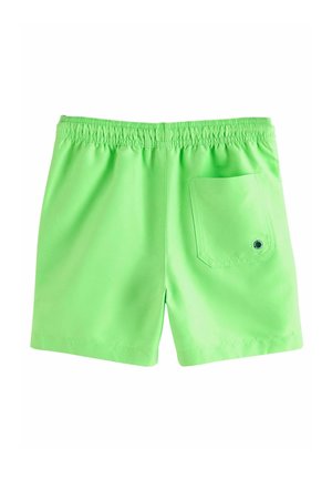 Zöld fürdőnadrág rugalmas derékkal, egy hátsó zsebbel és sima, könnyű anyaggal.