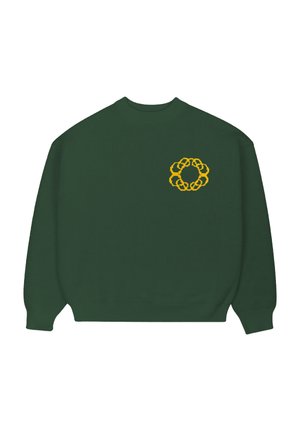 Mørkegrøn sweater med ribbede manchetter og kant, prydet med et gult cirkulært strikkemønster på brystet. Blødt stof.