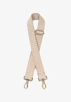 Gewebtes Band in Hellbeige mit weißem Zickzackmuster, ausgestattet mit Clips aus goldfarbenem Metall an jedem Ende und einer verstellbaren Schnalle.