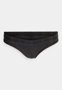 Musta bikinitoppi pehmeästä kankaasta, matala leikkaus, sileä pinta ja ommeltu muotoilu vyötärönauhassa ja reunoissa.
