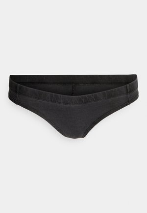 Black bikini bottom made of soft fabric, featuring a low-rise cut, smooth texture, and stitched detailing along the waistband and edges.