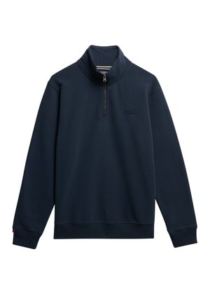 Navyblauer Fleece-Pullover mit hohem Kragen, halbem Reißverschluss und gerippten Bündchen. Mit einem kleinen Logo auf der Brust und einer weichen Textur.