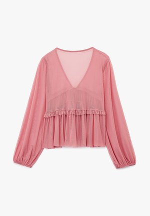 Blusa de chifón rosa con largas mangas abullonadas, escote en V profundo y detalle de cinturilla con volantes. Textura suave y diseño liviano.