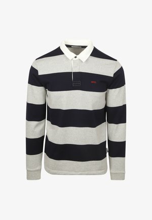 Langarm polo-shirt in navy en grijze strepen, met een witte kraag, een knopenlijst en een geborduurd logo op de borst.