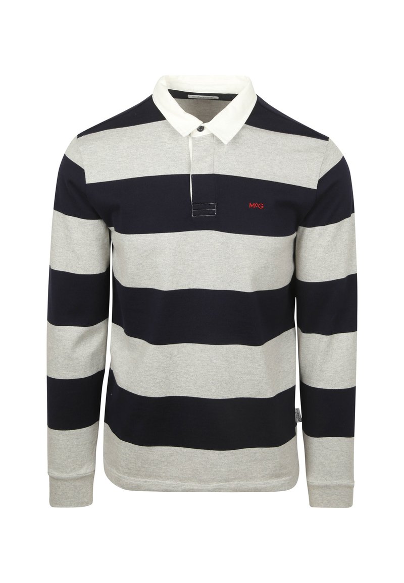 Langarm polo-shirt in navy en grijze strepen, met een witte kraag, een knopenlijst en een geborduurd logo op de borst.