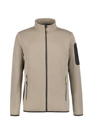 Beige Zip-up-Jacke aus strukturiertem Stoff, zwei vordere Reißverschlusstaschen mit gelben Zuglaschen und eine schwarze Reißverschlusstasche am linken Ärmel.