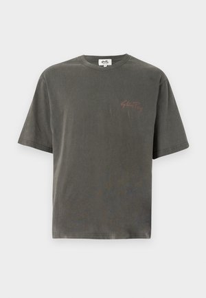 Dark gray cotton T-shirt with a relaxed fit, featuring short sleeves and a small red logo on the left chest. Smooth texture, crew neckline.