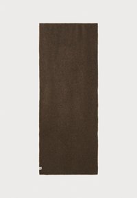 Brown rectangular scarf made of soft fabric. Features a smooth texture with a small logo tag on one end, measurements approximately 180x70 cm.