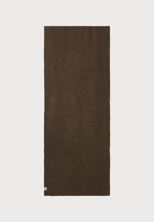 Brown rectangular scarf made of soft fabric. Features a smooth texture with a small logo tag on one end, measurements approximately 180x70 cm.