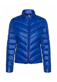Giacca a vento blu con colletto alto, motivo a zig zag trapuntato e chiusura frontale con zip. Materiale liscio e lucido con maniche lunghe.