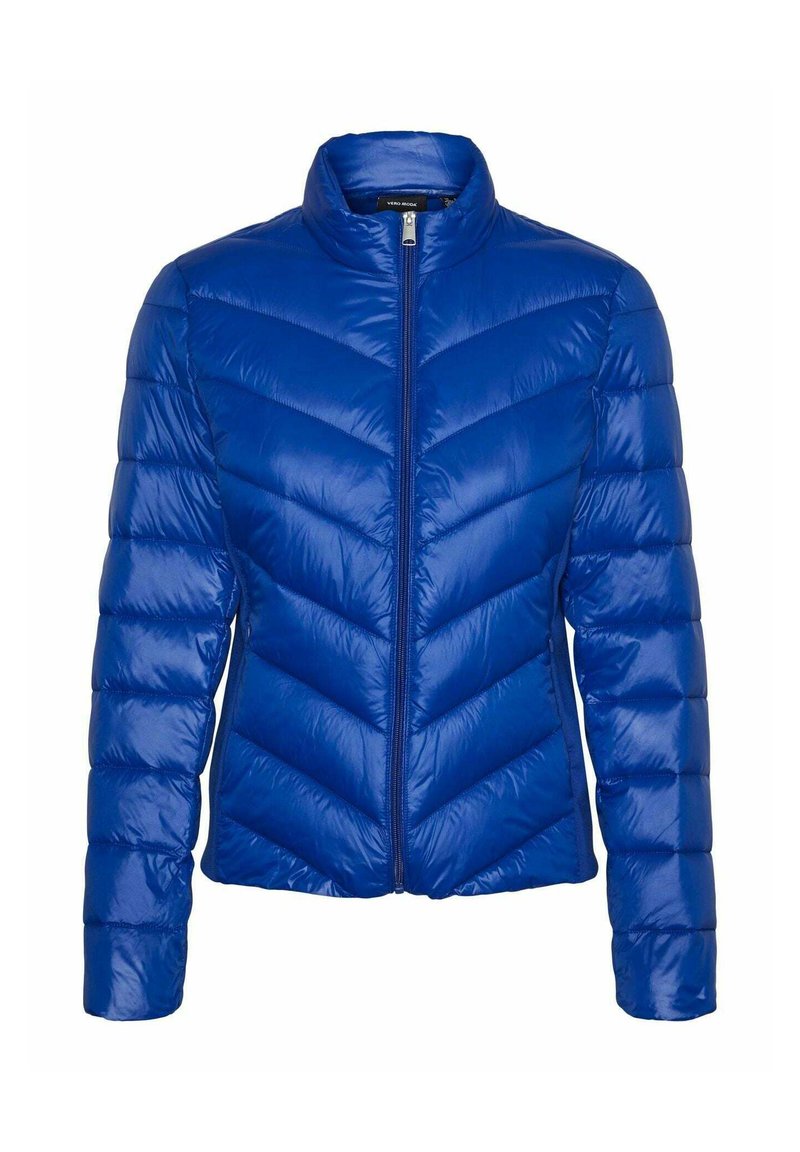 Giacca a vento blu con colletto alto, motivo a zig zag trapuntato e chiusura frontale con zip. Materiale liscio e lucido con maniche lunghe.