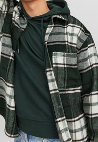 Grün-weißer karierter Flanellhemd mit weicher Textur, ausgestattet mit einer Knopfleiste, Brusttasche und übereinander getragen über einem dunkelgrünen Hoodie.