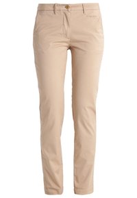 Beiga chinos i bomull, med slim fit, framfickor, bälteshällor och en enkel knappstängning. Slät textur med minimal detaljer.