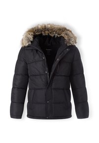 Chaqueta de plumas negra con capucha forrada de piel, con cierre de cremallera en el frente, cierres a presión y textura acolchada. Incluye dos bolsillos laterales.