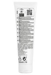 Witte knijptube van 150 ml met een zwart etiket dat tekst in meerdere talen en een QR-code bevat. Glad van textuur.