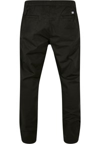 Sorte bukser med elastisk midje, to baklommer, rett ben-design og glatt tekstur. Ingen synlige mønstre eller detaljer.