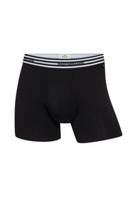 Sorte boxershorts med en tætsiddende pasform, lavet af blødt stof. Har en stribet elastisk talje med tekst og en formet pose.