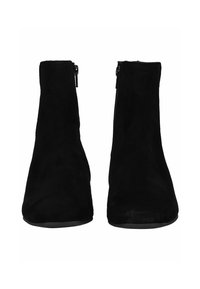 Bottines en daim noir avec une texture lisse, un bout pointu et des fermetures éclairs latérales, présentant un design minimaliste et des semelles plates.