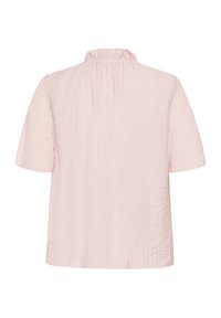 Blouse rose à manches courtes en tissu texturé et froissé. Présente un col haut avec un léger plissé et une coupe ample et carrée.